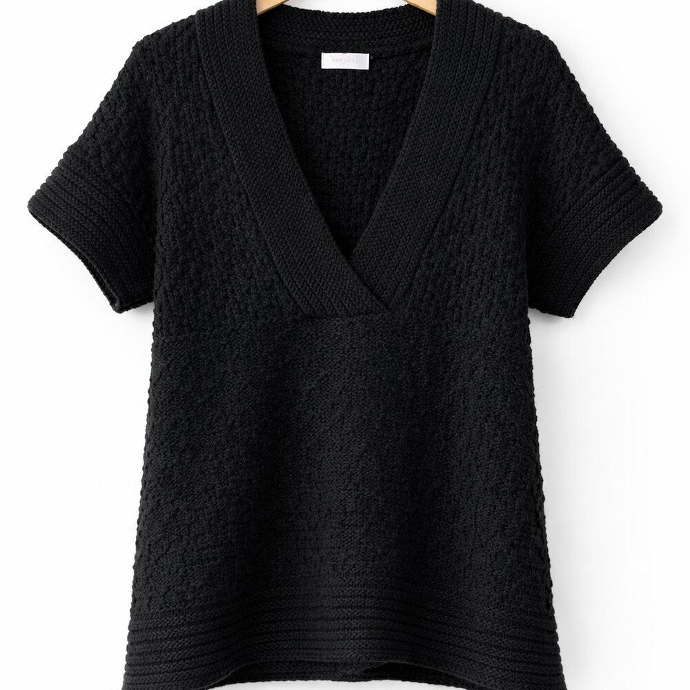Orsay Black Knit Sweater Top Large V-Neck Short Sleeve Textured Soft Cozy - Picture 2 of 9